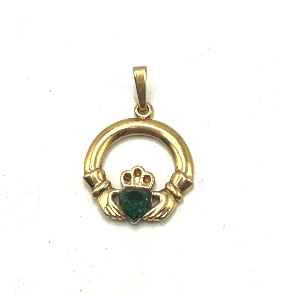 Solvar Ireland Gold Tone Green Heart Stone Claddagh Pendant SD Hallmark